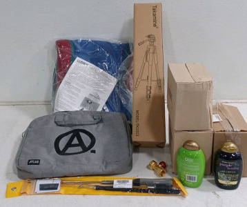 (1) Takamine Model TK1013 Canera Tripod (1) Atlus Laptop Bag (1) Quad Band Mobile Radio Antenna (1) Padded Sling (1) 4-Pack Blonde Enhance Purple Toning Shampoo (2) 4-Pack Refreshing Scalp + Teatree Mint Conditioner (1) Gas Nozzle Valve Attachment