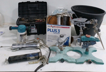 (4) Pneumatic Grease Guns (1) Tool Box w/ Tools (1) Door Hinges - Bucket - Heavy Duty (3) Gilmour Sprinklers (1) Plastic Growing Pot (1) Fertilizer Feeder Attachment (1) Sprinkler