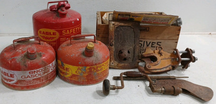 (1) Vintage Eagle Metal Gas Cans (1) Prindle Hitch w/ Misc Tools in Dynamite Crate/Box