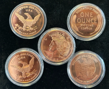 (5) Different 1oz Copper Round Designs - Unverified