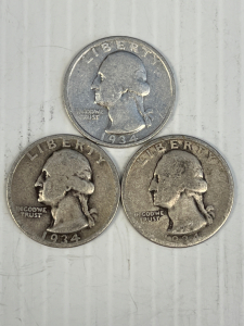 (3) 1934 90% Silver Washington Quarters.