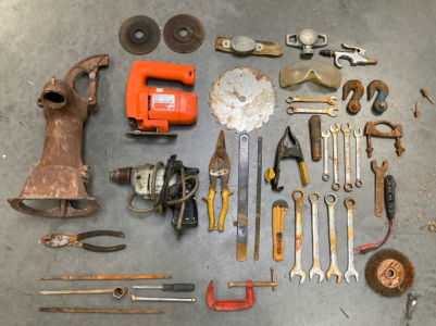 Black & Decker Two Speed Jig Saw, Vintage Drill, Vintage Water Spout, Wrenches, Hooks and More!