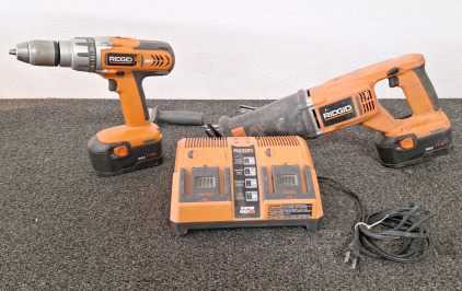 (1) RIGID 18V Cordless Reciprocating Saw, Drill, Dual Battery Charger & (2) Batteries