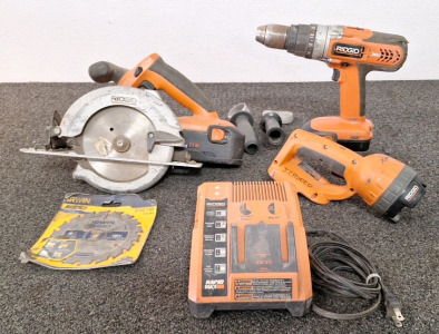 (1) RIGID 18V Cordless Circular Saw, Drill, Flashlight, Charger & (2) Batteries