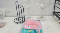 (2) Glass Chalices, Papertowel Holder, Dish Rack, Oven mitts - 3