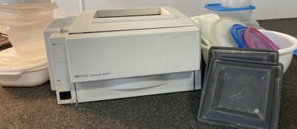 (1) Laserjet 6mp Printer (Does Power On), Group Of Tupperware Containers.