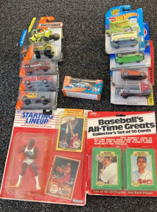 Sports Cards, Hotwheels Cata (4), Matchbox Cars (4), NASCAR Action Racing Collectable Car (1)