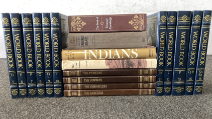 (11) World Books (4) Time Life Books (1) Cooy of The Iron Horse (1) Copy of The American Heritage Book of Indians (1) Copy of The Complete Original Illustrated Sherlock Holmes (1) Copy of The Book of Unusual Knowledge