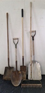 (3) Yard Shovels, (1) Scoop Shovel & (1) Hard Rake