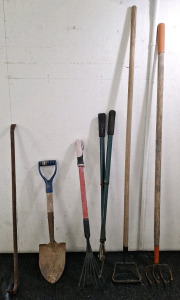 (1) 36" Crowbar, (1) Small Handled Shovel, (1) Hand Rake & More