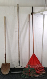 (1l Round Nosed Shovel, (1) Hard Rake & (2) Leaf Rakes