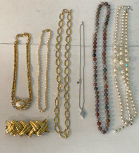 Six Necklaces, & Gold Colored Bracelet