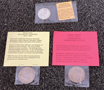 Mexican Silver Dollar, Eisenhower Dollar, And Churchill Crown