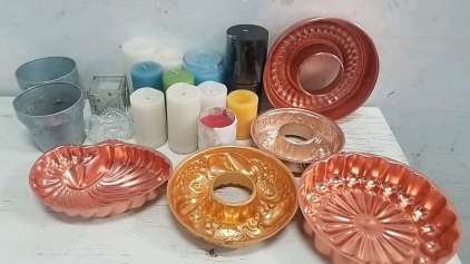 (14) Candles (Real and Fake) (2) Metal Plant Pots, Glass Decorative topper, (5) Baking Pans