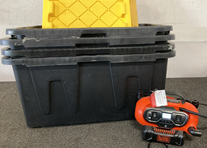 Black & Decker Portable Inflator, (4) Large Black Totes ( With Lids)