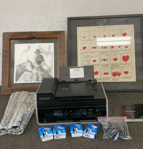 Lexmark Printer (2) Cyan, (1) Magenta, (1) Yellow Replacement Cartridges, (1) Cowboy Framed Picture, (1) Heart Fonds A Friend Framed Picture, (1) Small Blue Rug