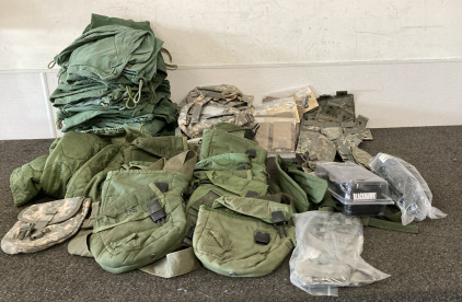 Military Surplus, (20) Large Green Bags, (9) Camo Bags, (16) Variety Mag Holsters, (9) Small Green Bags, (1) Blackhawk Left Handed Holster( Fits Beretta 92/96/M9/M9A1), (1) Als Mid-Ride Left Handed Holster ( Fits Beretta 92/96, (1) Cold Weather Liner (Siz