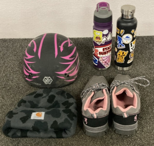 Helmet, Size 7.5 Women’s Shoes, (2) Water Bottles, And A Carhartt Hat