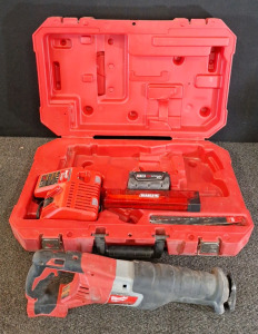 (1)MILWAUKEE CORDLESS SAWZALLW/CASE, (1) BATTERY, CHARGER & ASSORTED BLADES