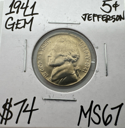 1941 MS67 Gem Mint State Jefferson Nickel