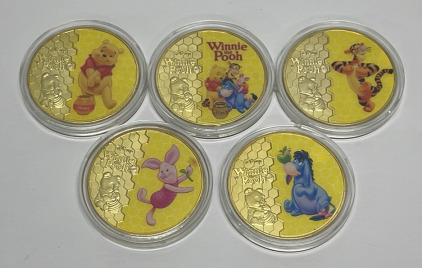 (5) Gold Plated Disney “ Whinnie The Pooh And Friends” Collectible Rounds