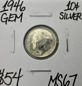 1946 MS67 Gem 1st Year Mint State Silver Dime