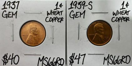 (1) 1939-S (1) 1937 MS66RD Gem Red Copper Pennies