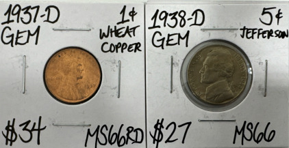 (1) 1937-D MS66RD Gem Red Copper Wheat Penny (1) 1938-D MS66 Gem 1st Year Jefferson Nickel