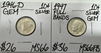 (1) 1946-D MS66 Gem Silver Roosevelt Dime (1) 1947 MS66FB Full Bands Gem Silver Roosevelt Dime