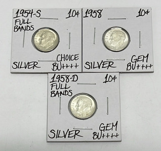 (3) Total Silver Eisenhower Dimes Dated 1954 And 1958 (Gem BU++++)