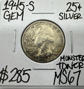 1945-S MS67 Monster Toner Gem Silver Washington Quarter