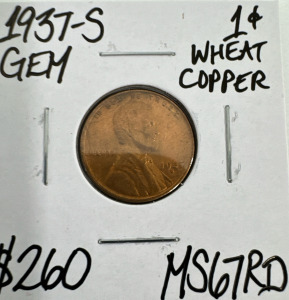 1937-S MS67RD Gem Red Wheat Copper Penny