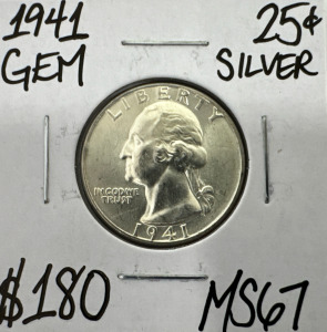 1941 MS67 Gem Silver Washington Quarter