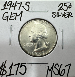 1947-S MS67 Gem Silver Washington Quarter