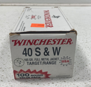 (1) Box of 100 Winchester 40 S&W 165 GR. Full Metal Jacket Target/Range Ammunition Cartridges