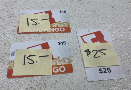 (2) $15 Fandango Gift Cards (1) $25 Fandango Gift Card