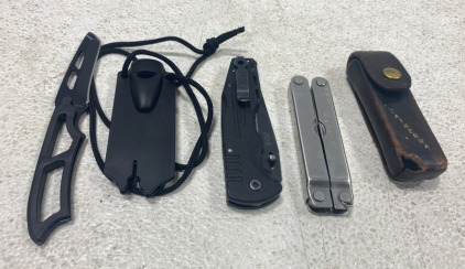 (1) Vintage Leatherman Multi Tool, (1) SOG Black Foldable Pocket Knife, and more