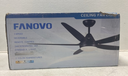 (1) Fanovo Ceiling Fan, 3 Speed, Reversible, Remote Control, 24W interegrated dimmable 3 color tempature Light, new in box.