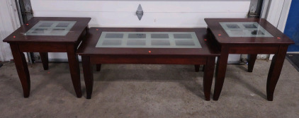(2) Wooden End Tables w/ Glass pieces inside & (1) Matching Coffee Table