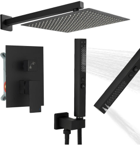 (1) Rumose Matte Black Rainfall Shower System Fixture 12&rdquo; High Pressure Square Shower Head with 2 in 1 Handheld Spray Wall Mount Brass Bathroom Shower Faucet Set with cUPC Certified Rough-in Valve