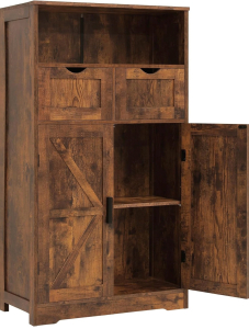 NEW! (1) Weenfon Floor Storage Cabinet with 2 Adjustable Drawers & 2 Barn Doors, Standing Cupboard with 2 Shelf, for Living Room, Home Office, Kitchen In Rustic Brown