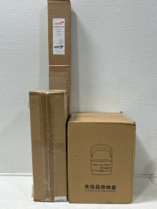 NEW! (1) Briofox 42&rdquo;-72&rdquo;Curved 1&rdquo; Diameter Shower Rod (Matte Black) (1) Ralbay 33&rdquo;W Bathroom Vanity 4-Light Fixture (Black) (1) Cosmetic/Skin Care Storage Case (Pink)