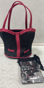 (1) RETRO corset purse black satin with pink edging (1) Small Silver Sequin Purse