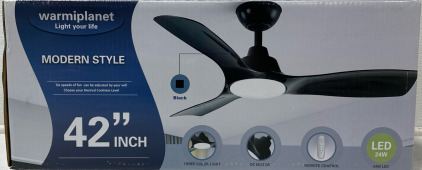 (1) NEW!! Warmiplanet 42&rdquo; 3-Blade w/ Remote Control, Silent DC Motor, 6 Speeds, Dimmable LED Light (Black)