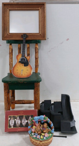 (1) Solid Wood Chair Natural & Painted Green (1) CubCadet Mulch Plug Kit (1) Nautical Frame (1) Guitar Wall Clock - Broken Resin (1) Porcelain Easter Basket (1) Holiday Lights