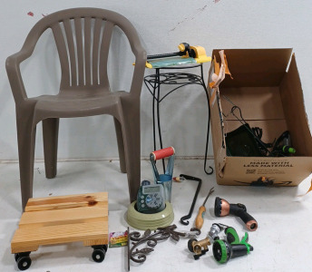 (1) Rolling Plant Stand (1) Metal Deco Plant Stand (1) Patio Chair (1) Garden/Lawn Timer (1) Assorted Gardening Tools and More!