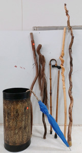 (6) Walking Canes - Different Sizes & Styles (1) Decorative Handle Umbrella (1) Storage Container for Canes by Front Door - Decorative