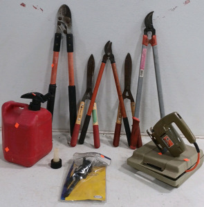 (1) Black&Decker 2-Speed Jig Saw Kit (4) Corona Shears - 2 Short Handled - 2 Long Handled (1) Shears - Long Handled (1) Blitz 2 Gallon Gas Tank (1) Lever Style Tube Bender