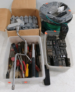 (1) Vintage Craftsman Hand Crank Speed Wrench (16) Breakers (1) AC PWR Card Monitor Cord - 15A 250V (18) 3/4" T Housing Protectors - Electrical (1) Wire - Solid & Strand - Spool (1) Assorted Tools