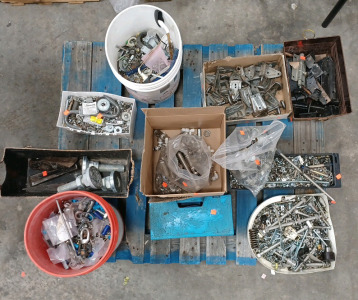 (1) Nuts & Bolts - Random & Assorted - Buckets & Bins (2) Box of Door Hinges (1) Tire Chains (3) Axe Heads